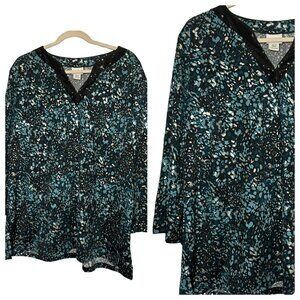 Jaclyn Smith Ladies Sequin Accented Flowy Sleek Blue White V Neck Blouse SZ XXL